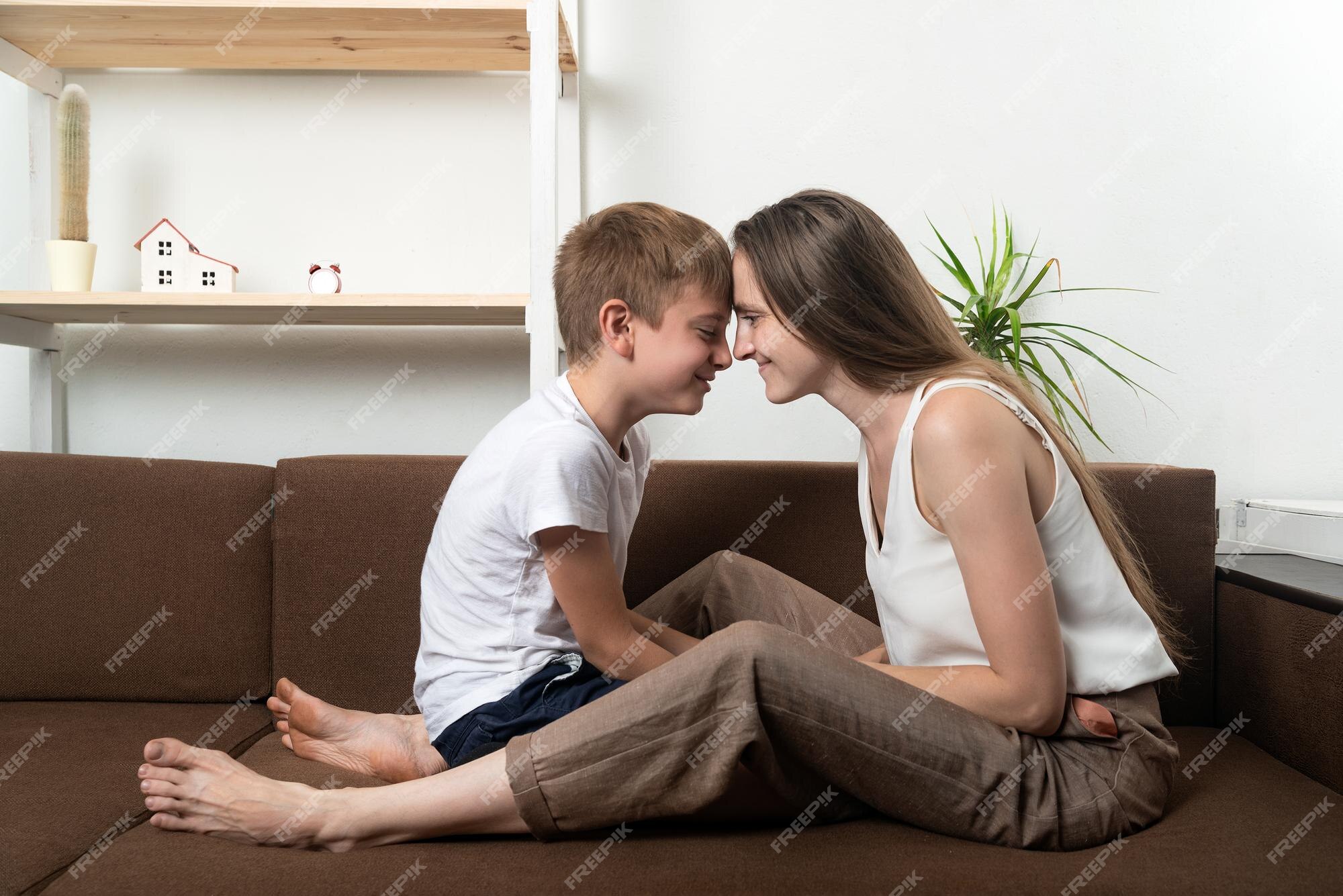 mom and son on couch